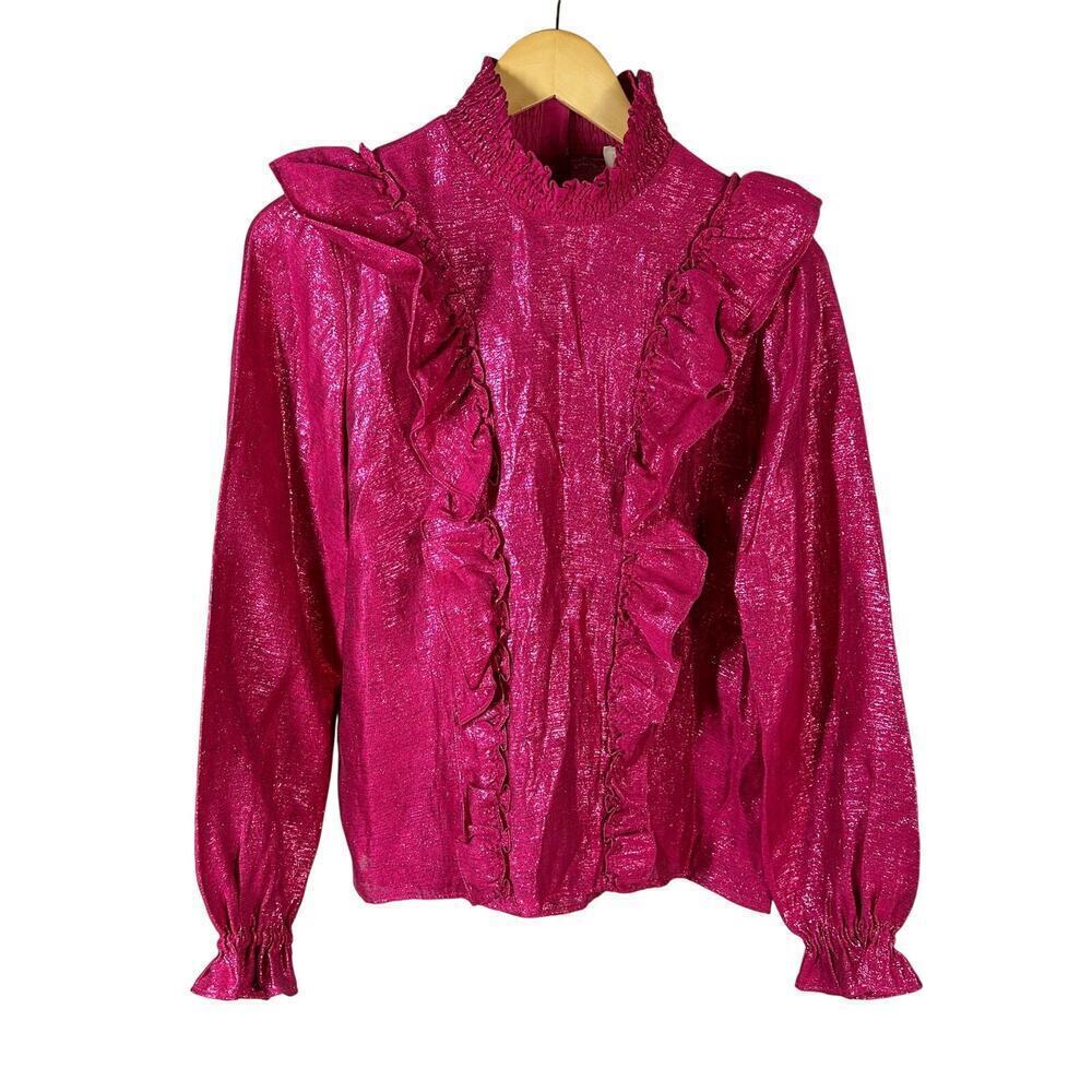Sezane Filomene Long Sleeve Lurex Rose Pink Blouse Size US 6